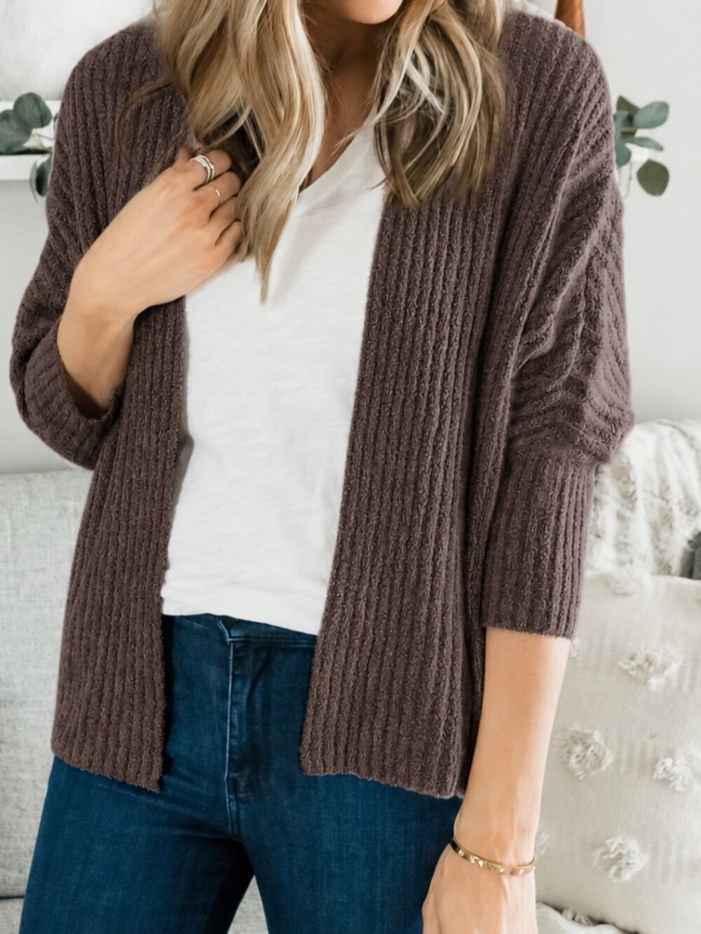 BAREFOOT DREAMS COZYCHIC LITE BROWN RIBBED SHRUG CARDIGAN L/XL LIKE NEW!